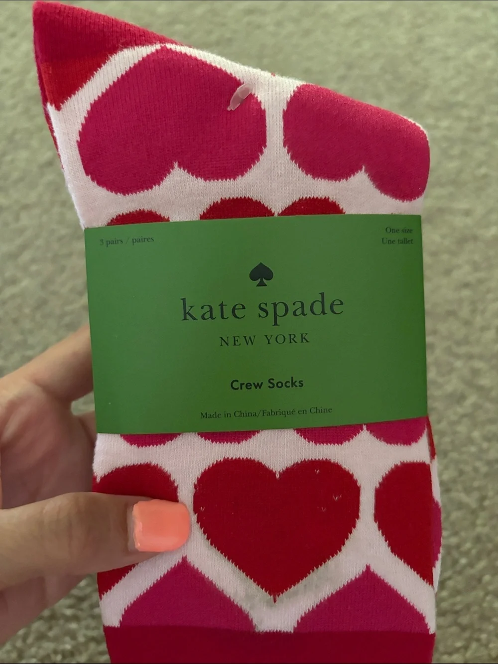 Kate Spade- 3 Pairs red and hot pink heart crew socks with gold heart detail NWT